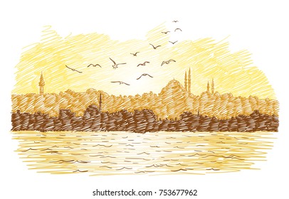 Rough sketch of Istanbul city silhouette with mosque, Bosphorus and flying seagulls at sunset, Vector hand drawn illustration