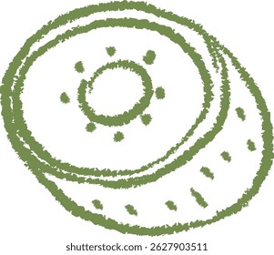 A rough sketch of a kiwi slice with textured lines and dots. The fruit is depicted in a circular, abstract style with emphasis on its seeds. Cartoon vector illustration.