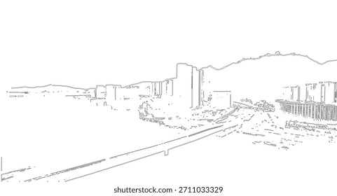 Un boceto aproximado de una ciudad costera con un bosque, un paisaje que se puede utilizar para desarrollar aún más el dibujo y la pintura.