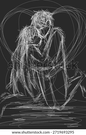 A rough sketch shows two abstract figures embracing intimately with hearts drawn around them on a dark background. The scribbled lines and expressive strokes convey passion, closeness, and emotional connection in a spontaneous artistic style.