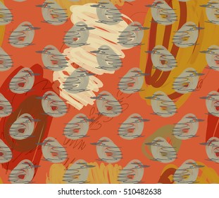 Rough sketched birds on orange.Hand drawn with ink and marker brush seamless background.Ethnic design.