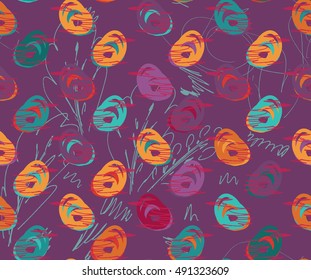 Rough sketched colored birds on purple.Hand drawn with ink and marker brush seamless background.Ethnic design.