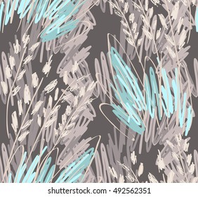 Rough sketched grass on gray.Hand drawn with ink and marker brush seamless background.Ethnic design.