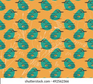 Rough sketched green birds on orange.Hand drawn with ink and marker brush seamless background.Ethnic design.