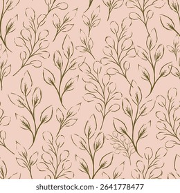 Rough Sketched Leaves Branches Vector Seamless Pattern