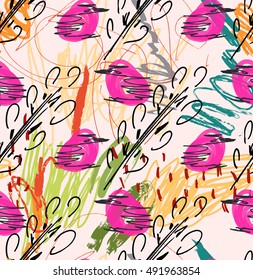 Rough sketched pink birds and tree branches.Hand drawn with ink and marker brush seamless background.Ethnic design.