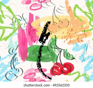 Rough sketched red cherry with pastel scribbles.Hand drawn with ink and marker brush seamless background.Ethnic design.