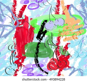 Rough sketched red cherry with pastel scribbles on blue.Hand drawn with ink and marker brush seamless background.Ethnic design.