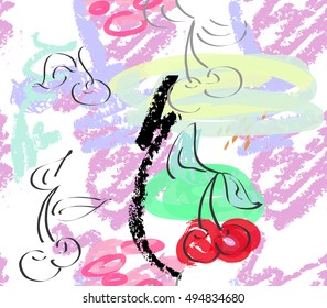 Rough sketched red cherry with pastel scribbles on white.Hand drawn with ink and marker brush seamless background.Ethnic design.