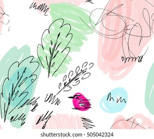 Rough sketched trees with bird on white.Hand drawn with ink and marker brush seamless background.Ethnic design.