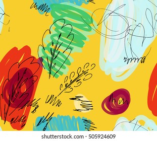 Rough sketched trees with bird on bright yellow background Hand drawn with ink, marker and brush. Seamless ethnic background.design.