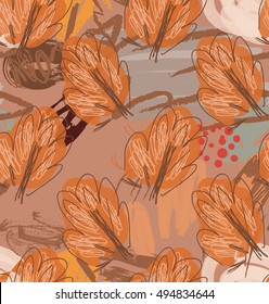 Rough sketched trees on brown.Hand drawn with ink and marker brush seamless background.Ethnic design.