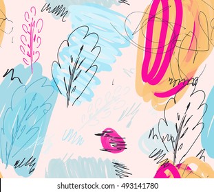 Rough sketched trees and pink bird on bright scribble background.Hand drawn with ink crayon marker seamless pattern.Ethnic tribal creative repeating design for greeting card invitation.Kids drawing.
