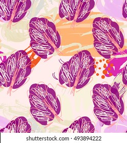 Rough sketched trees purple.Hand drawn with ink and marker brush seamless background.Ethnic design.