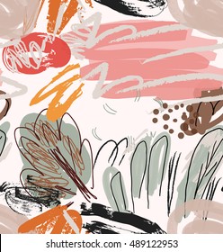 Rough sketched trees with scribbles on light yellow.Hand drawn with ink and marker brush seamless background.Ethnic design.