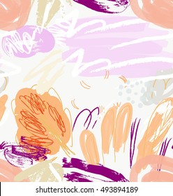 Rough sketched trees with scribbles on light purple.Hand drawn with ink and marker brush seamless background.Ethnic design.