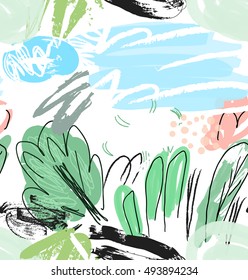 Rough sketched trees with scribbles on white.Hand drawn with ink and marker brush seamless background.Ethnic design.