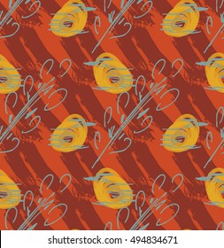 Rough sketched yellow birds and tree branches.Hand drawn with ink and marker brush seamless background.Ethnic design.
