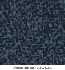 Rough slub fabric in blue and black, with a pattern with short crossed lines. Textile texture background. Seamless pattern.