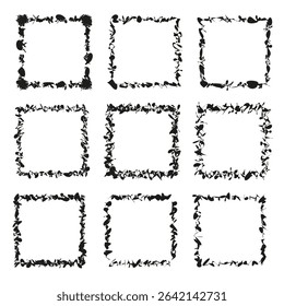 Rough square frames. Vector shape collection. Grunge texture edges. Artistic black design.