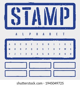 Rough Stamp Stencil Font. Grunge Textured Typeface. Stamp Style Uppercase Letters And Numbers. Plus Grunge Textured Blank Stamps As A Bonus