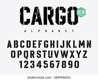 Rough Stamp Stencil typeface. Grunge font. Vector handmade alphabet. Stencil-plate uppercase letters and numbers