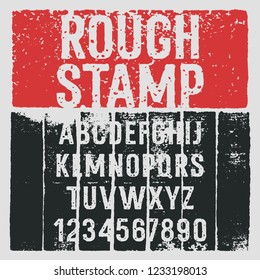 Rough stamp typeface. Grunge textured font. Vector handmade alphabet. Stamp style uppercase letters and numbers. Vectors. Plus 8 grunge textures as a bonus