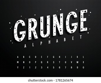 Rough stamp typeface. Grunge textured font. Vector handmade alphabet. Stamp style uppercase letters and numbers. Vectors