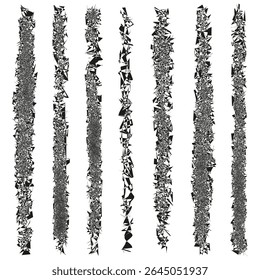 Rough stripe set. Vertical texture shape. Grunge line figure. Vector sketch form.