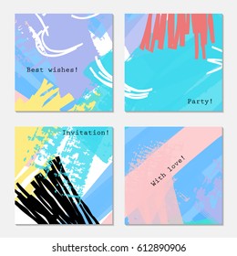 Rough strokes black pink purple.Hand drawn creative invitation greeting cards. Poster, placard, flayer, design templates. Anniversary, Birthday, wedding, party cards set of 4. Isolated on layer.