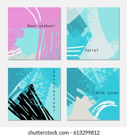 Rough strokes blue black white purple textured.Hand drawn creative invitation greeting cards. Poster, placard,design templates. Anniversary, Birthday, wedding, party cards set of 4. Isolated on layer.