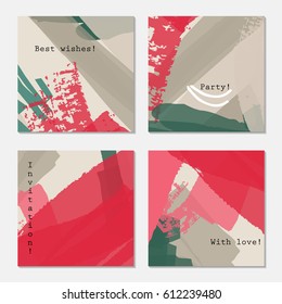 Rough strokes gray pink green textured.Hand drawn creative invitation greeting cards. Poster, placard,  design templates. Anniversary, Birthday, wedding, party cards set of 4. Isolated on layer.