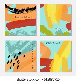 Rough strokes orange black red textured on blue.Hand drawn creative invitation greeting cards. Poster, placard, design templates. Anniversary, Birthday, wedding, party cards set  Isolated on layer