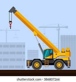 Rough terrain industrial crane with construction background. Side view crane vector illustration