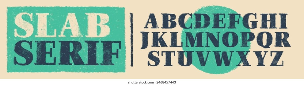 Rough Texture Font, Bold Slab Serif. Individually textured characters with an eroded rough letterpress print texture. Unique design font