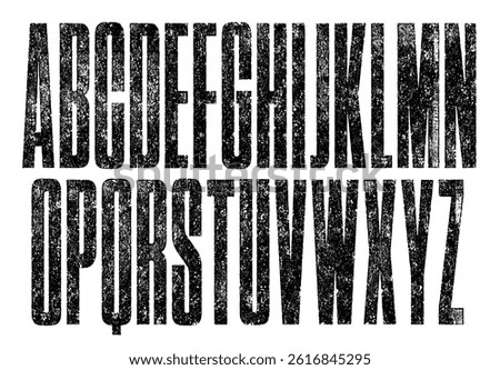 Rough Texture Font. Eroded Letterpress Texture Ultra Condensed Font. Detailed, individually textured characters with a distressed, worn printed texture.