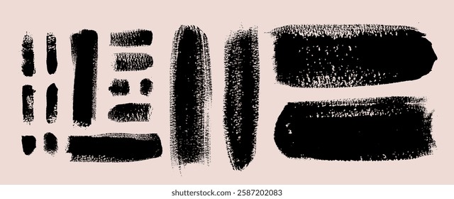 Rough texture grungy vector brush strokes. Abstract shape dry ink lines set. Distress effect textures. Print screen glitch effect bg. Black punk halftone noise on paper. Grunge stain background