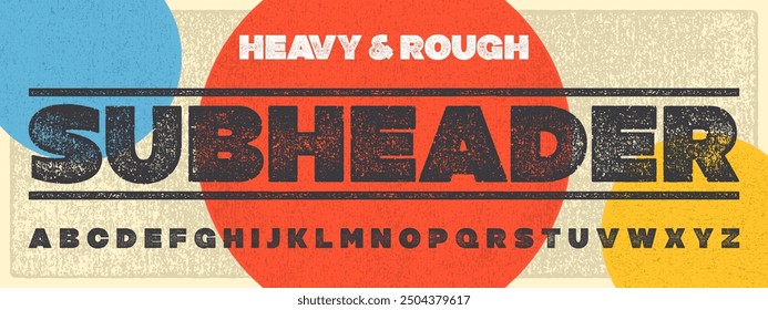 Rough Texture Subheader Font. Rolled Ink Letterpress Display Font. Works well at small sizes. Highly detailed individually textured characters with a really rough, print texture.