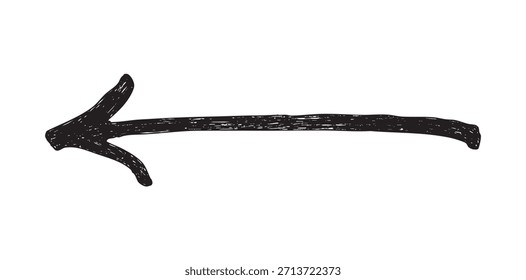 Flecha negra rugosa y texturizada que apunta a la izquierda, con un estilo arenoso y dibujado a mano. Excelente para diseños grunge, Botones traseros o énfasis de navegación.

