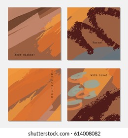 Rough textured crayon strokes brown gray.Hand drawn creative invitation greeting cards. Poster, placard, design templates. Anniversary, Birthday, wedding, party cards set of 4. Isolated on layer.