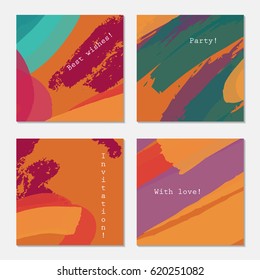 Rough textured crayon strokes orange green purple.Hand drawn creative invitation greeting cards. Poster,design templates. Anniversary, Birthday, wedding, party cards set of 4. Isolated on layer.