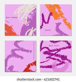 Rough textured crayon strokes orange purple.Hand drawn creative invitation greeting cards. Poster, placard, design templates. Anniversary, Birthday, wedding, party cards set of 4. Isolated on layer.