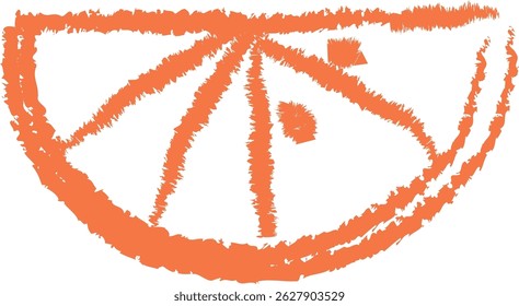A rough textured drawing of a citrus slice with visible segments. The image portrays a half fruit with jagged edges and inner sections. Cartoon vector illustration.
