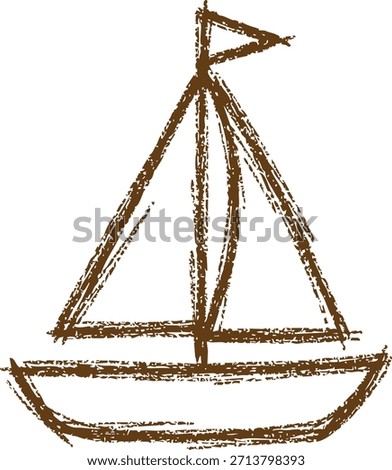 A rough textured drawing of a small sailboat with mast and hull floating on gentle waves.