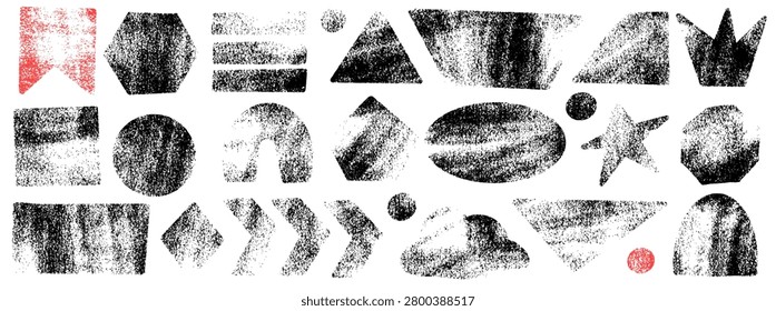 Rough textured geometric form with grunge paint and urban noise. Distressed figure shapes with gritty linocut texture for poster print. Vector set of hand drawn organic triangle form elements isolated