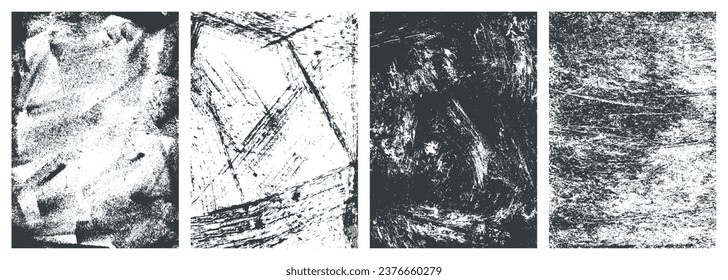 Rough textures set posters monochrome with abstract surfaces with black lines and random scratches in grunge style vector illustration