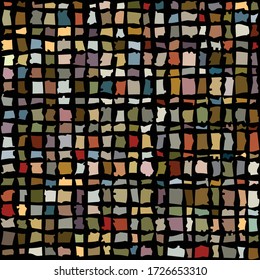 Rough, tortuous edged straightish stripes crossing, creating interwoven, grid like colorful pattern
