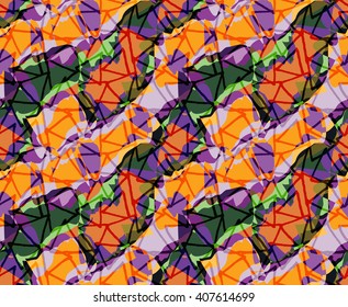 Rough triangles on busy purple orange background .Hand drawn with ink and colored with marker brush seamless background.Creative hand made brushed design.