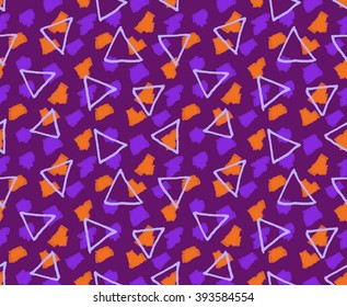 Rough triangles textured with marker brushes purple and orange.Hand drawn with ink and colored with marker brush seamless background.Creative hand made brushed design.
