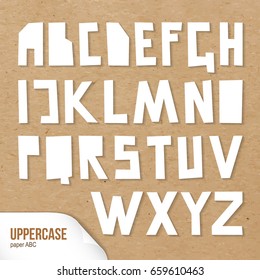 Rough uppercase characters cut out of paper. White capital letters. Vector paper ABC isolated on cardboard background